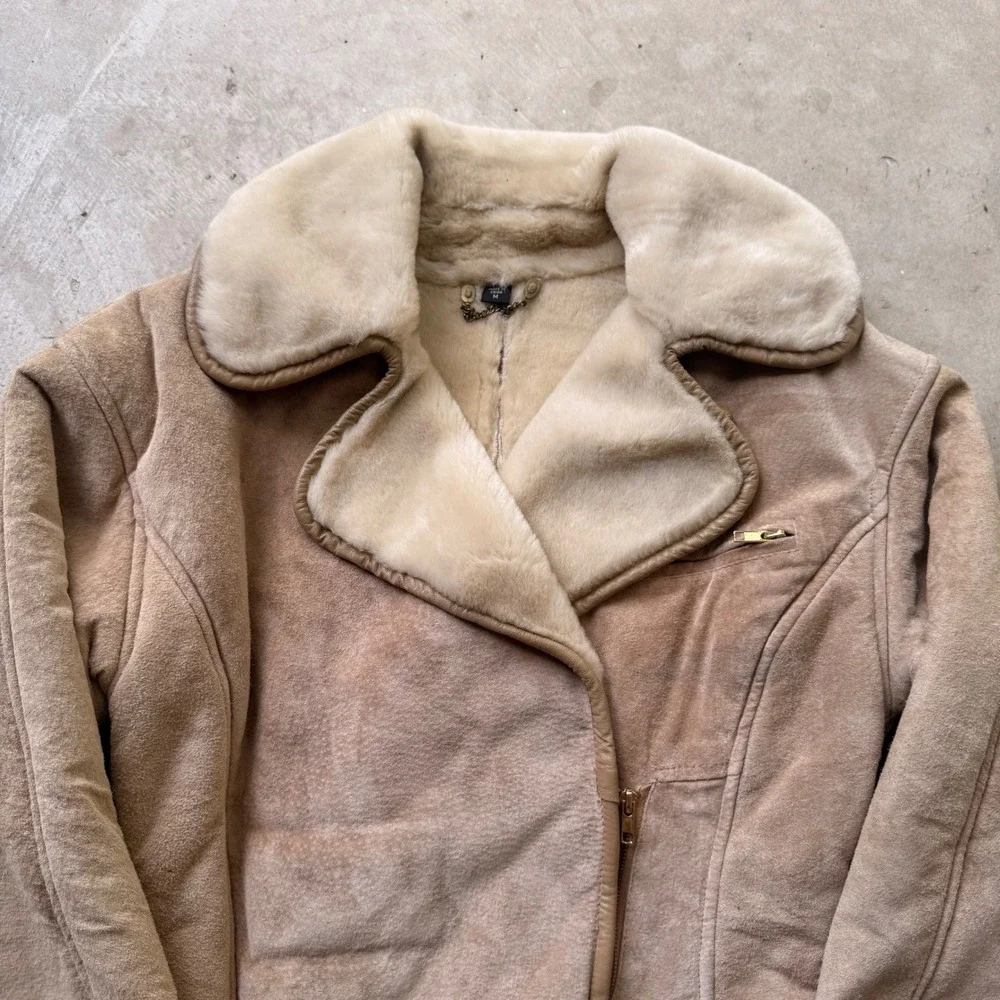 Vintage Tan Faux Suede Shearling Aviator Jacket M Cream Fur Collar Zip Up Coat - Picture 2 of 7